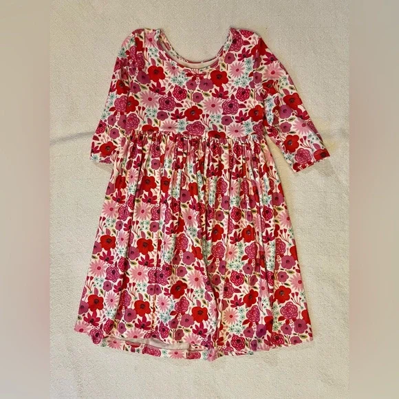Mila & Rose Secret Garden 3/4 Sleeves Pink and Red Floral Twirl Dress - Picture 3 of 5